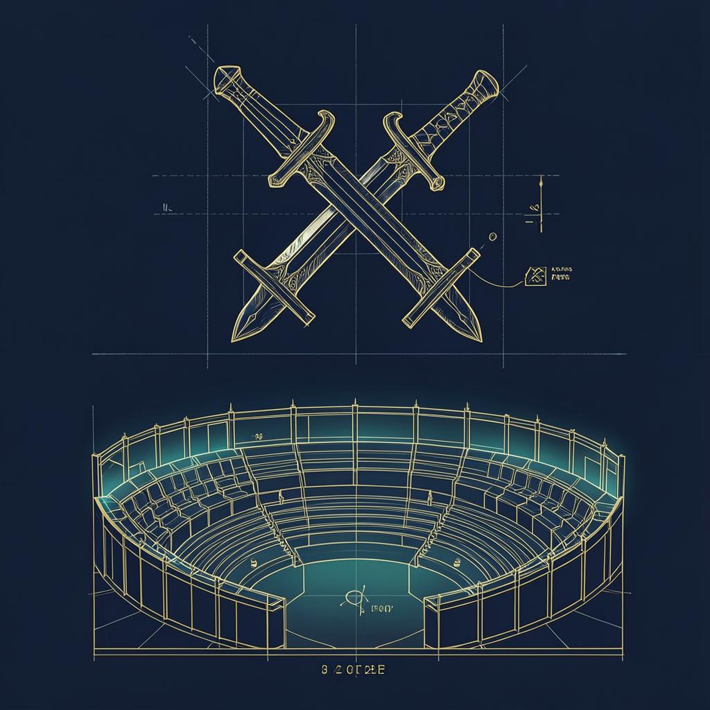 Gold blueprint drawing of crossed swords above the architectural plan of a debate amphitheater on deep navy