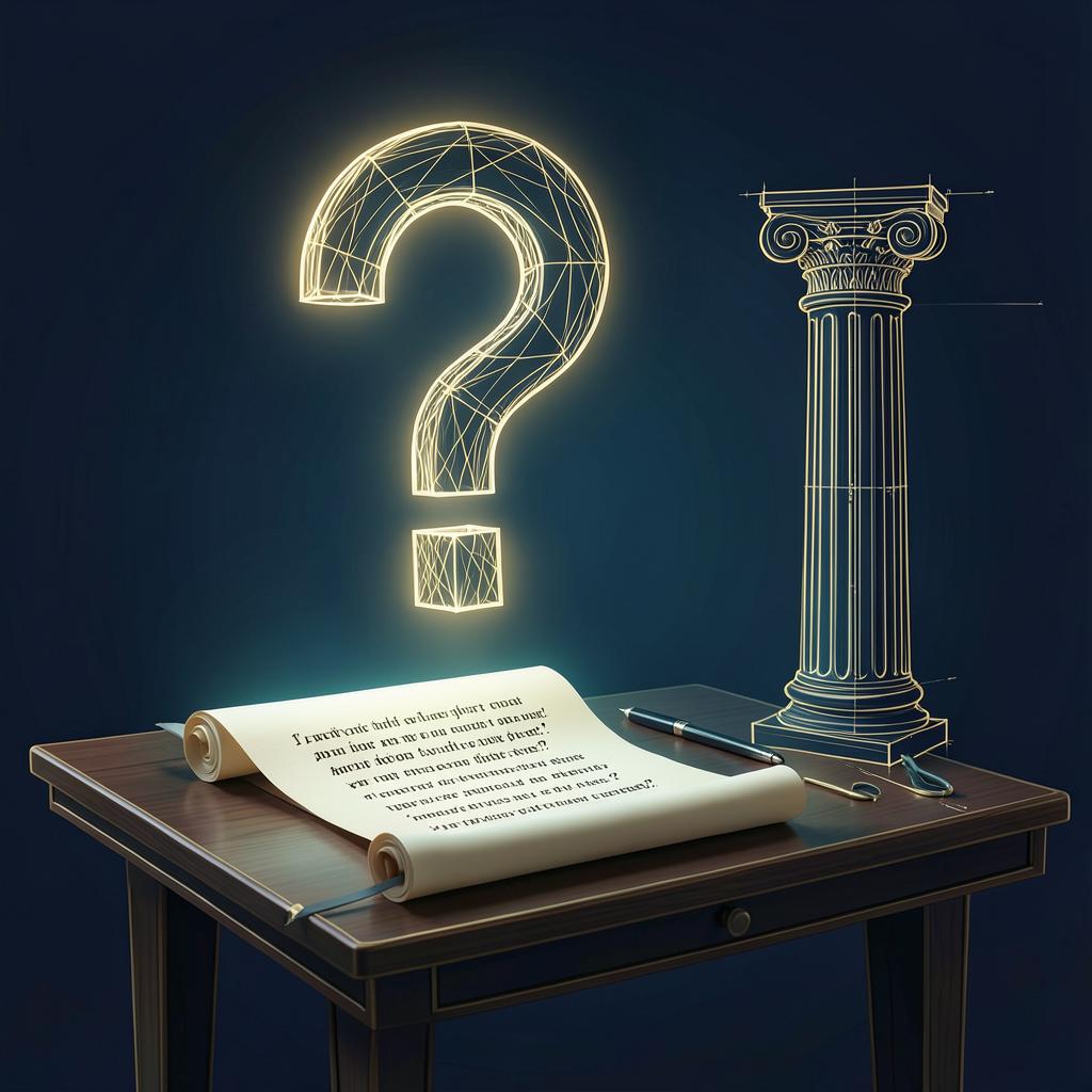 Gold blueprint-style illustration of a glowing question mark above a drafting table with a scroll of questions and a classical column sketch