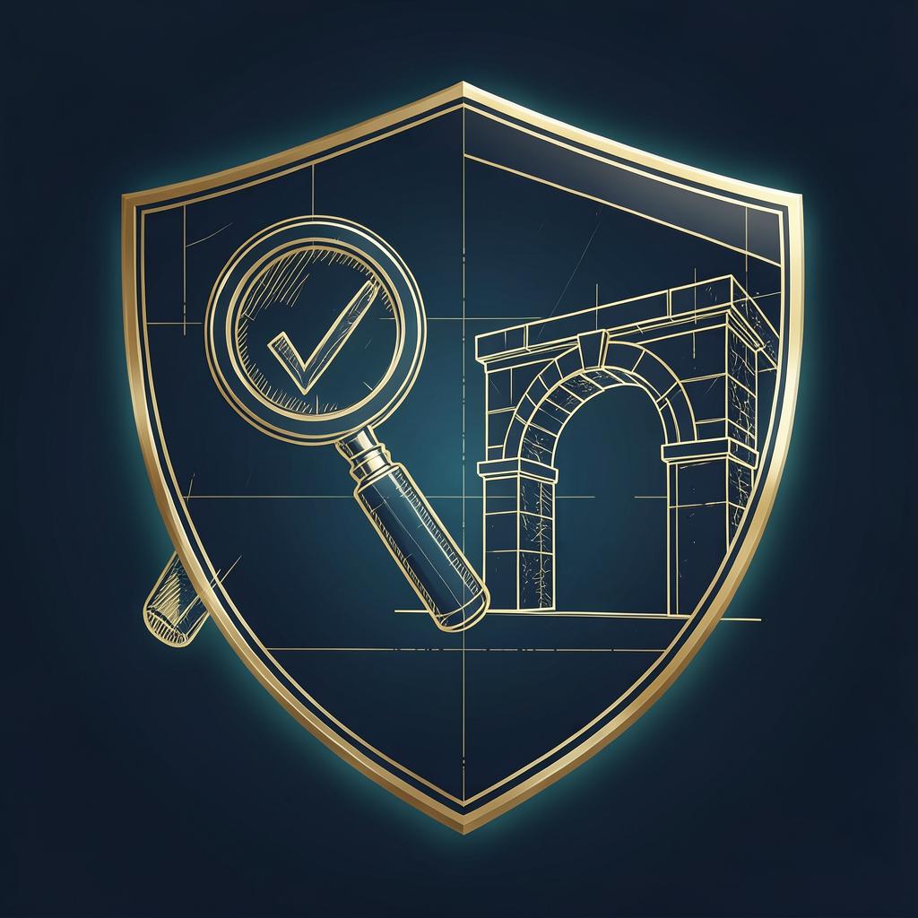 Gold blueprint shield with a magnifying glass, checkmark, and keystone arch drawing on deep navy